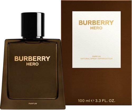 Burberry Hero perfume bottle with gold label and matching box, 100 ml size.