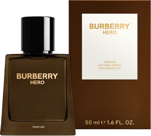 A Burberry Hero perfume bottle and box, brown and beige colors, with gold text, showing luxury branding.