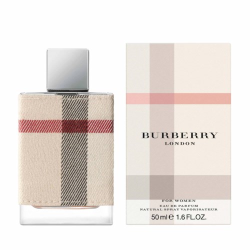 En parfymflaska med ett mönstrat omslag och en box med Burberry-logga och design.