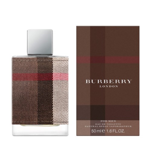 A bottle of Burberry London cologne and its box with brown check pattern and red stripe.