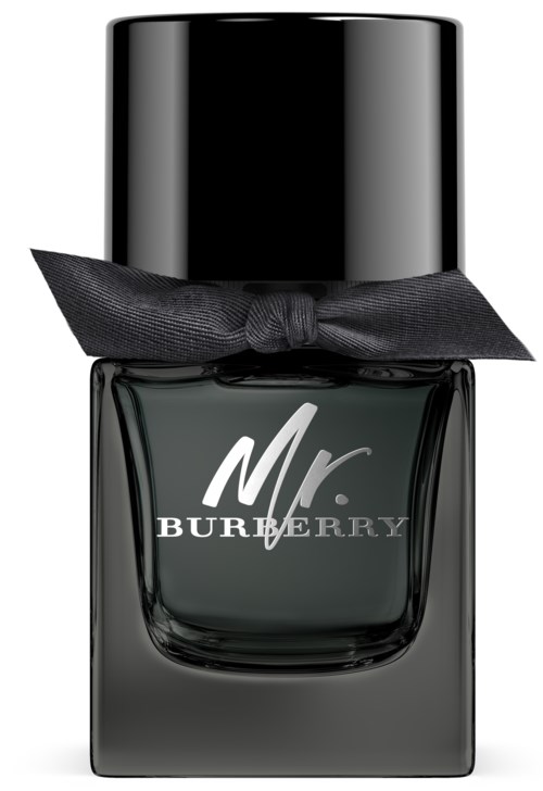 Musta geelikynsilakkapullo, jossa musta rusetti ja teksti 'Mr. BURBERRY', näyttää tyylikkäältä.
