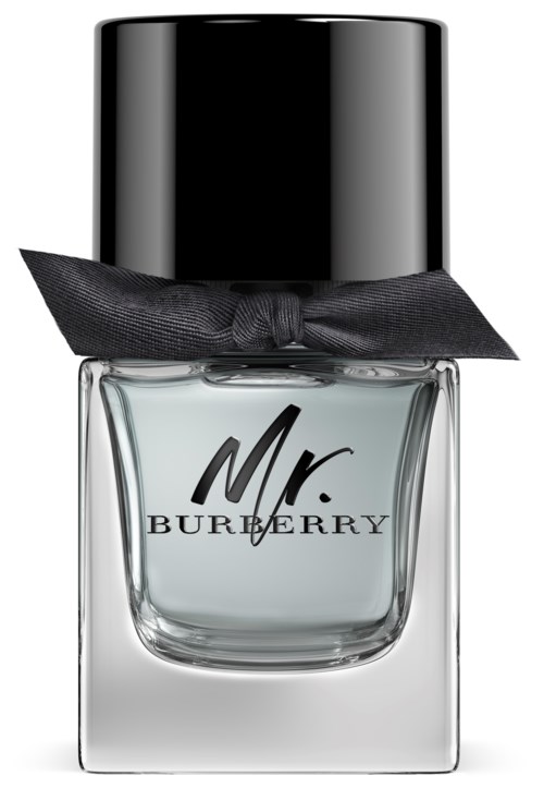 A clear glass perfume bottle with a black cap and a black ribbon, labeled 'Mr. Burberry.'