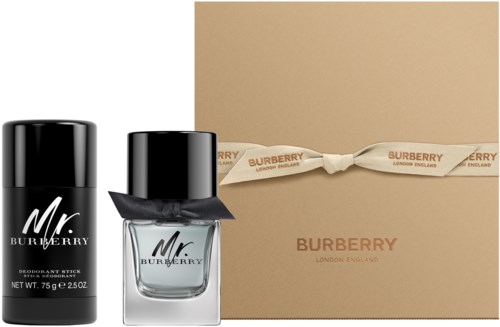 Ett Burberry-presentset innehåller en deodorant, en parfymflaska och en beige låda med ett band.