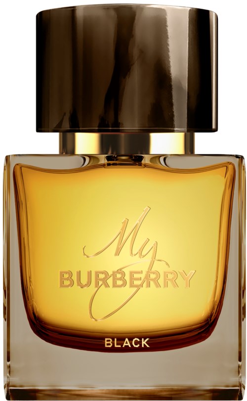 Ein Parfümflasche mit der Aufschrift 'My Burberry Black' und goldener Kappe mit gelber Flüssigkeit.