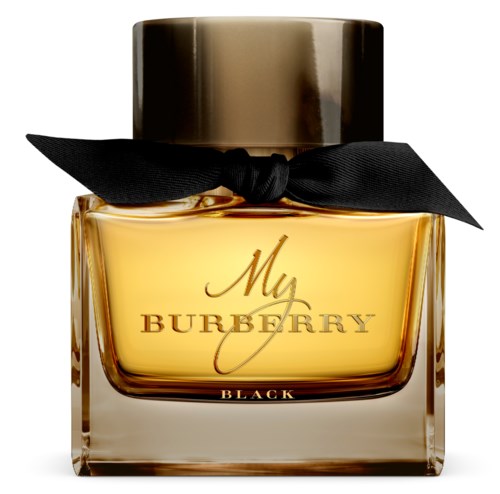 Ein Parfümflasche mit schwarzem Band und goldener Beschriftung, beschriftet 'My Burberry Black'.