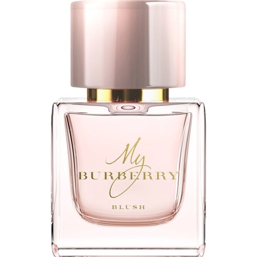 Läpinäkyvä lasipullo vaaleanpunaisella nesteellä ja vaaleanpunaisella kannella, luku 'My Burberry Blush' kullalla.