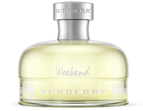 En parfymflaska märkta 'Weekend' av Burberry med silverkapsel och ljusgul vätska inuti.