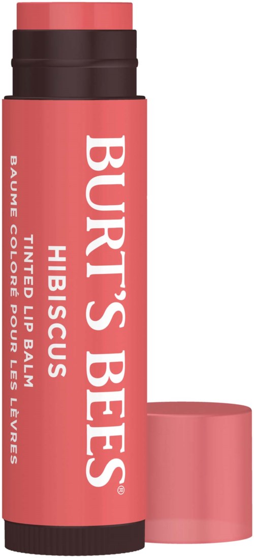 A pink tube of Burt's Bees tinted lip balm with a black bottom and a separate pink cap.