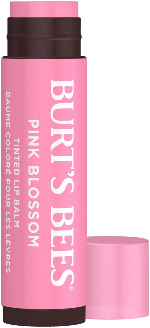 Różowa pomadka do ust w tubce z napisem "Burt's Bees Pink Blossom" i dopasowaną nakrętką.