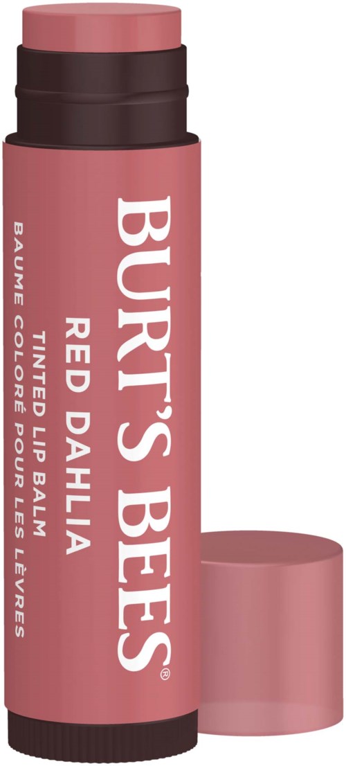 Szczelina do ust w tubce z różową nakrętką i etykietą 'Burt's Bees Red Dahlia' do barwionej pomadki.
