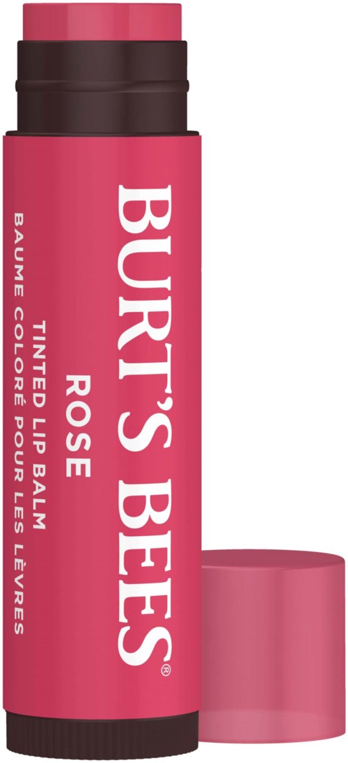Pink tube of tinted lip balm with white text and a matching cap.