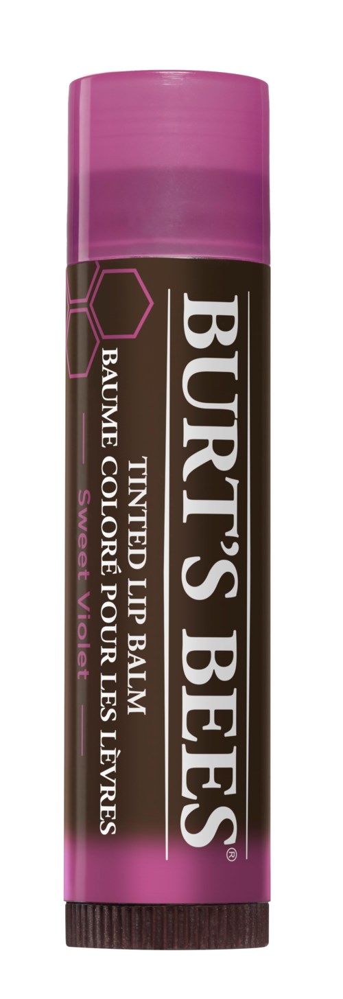 Läppbalsam i ett rosa och svart tube, märkt 'Burt's Bees' med naturliga ingredienser.