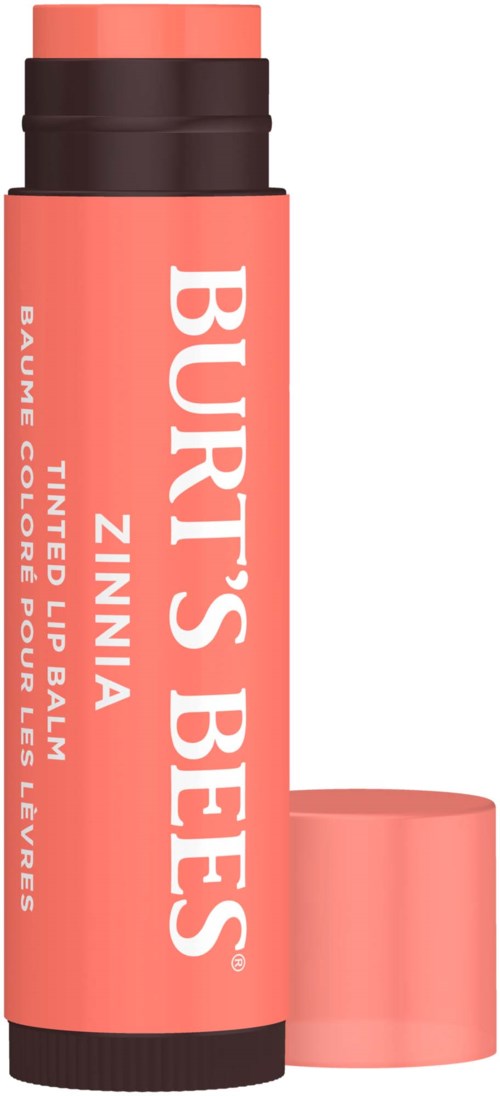 A pink lip balm in a tube with a cap, labeled 'Burt's Bees Zinnia,' designed for tinted lips.