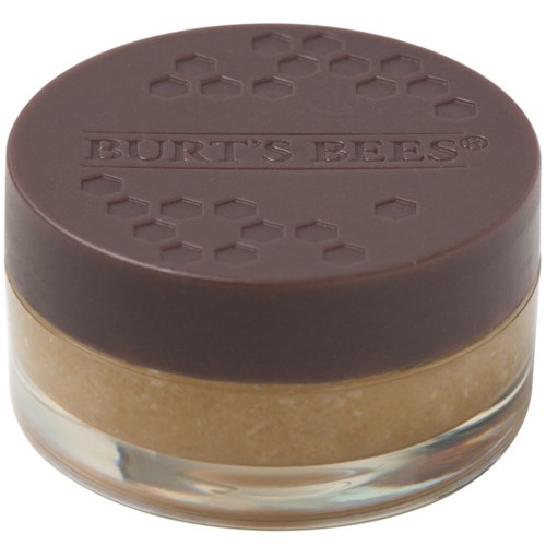 En liten glasburk med brunt lock. Locket har en bikaka och texten 'BURT'S BEES'. I burken är ett krämigt ämne.