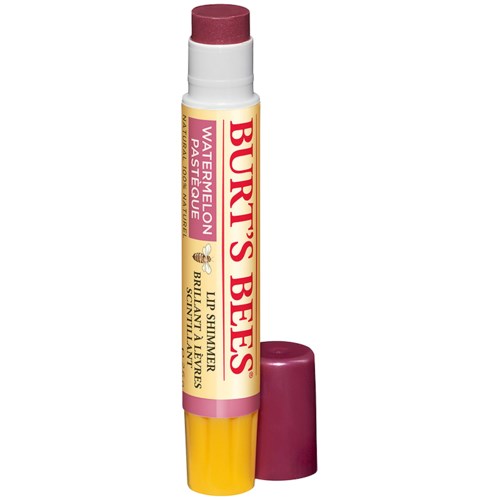 Tuba Burt's Bees Watermelon Lip Shimmer z różowoczerwonym zakrętką obok nakrętki.