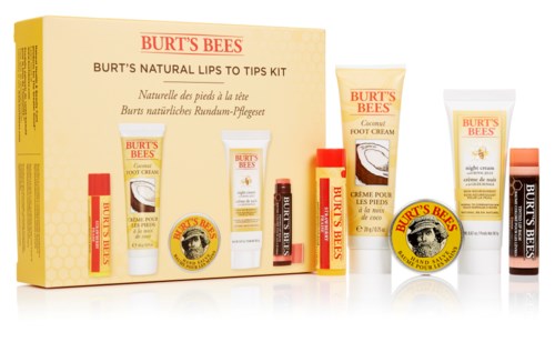 Et Burt's Bees leppekarekit med ulike leppekrem og fotkrem i en eske og på hvit bakgrunn.