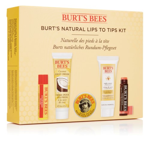 Burt's Bees leppepleiesett med naturlige produkter inkluderer kokos fotkrem, nattkrem og leppepomade.