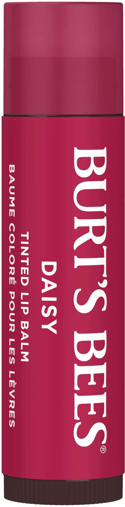 Lip balm tube in pink with white text saying Burt's Bees, Daisy, tinted, balm, for lips, natural.