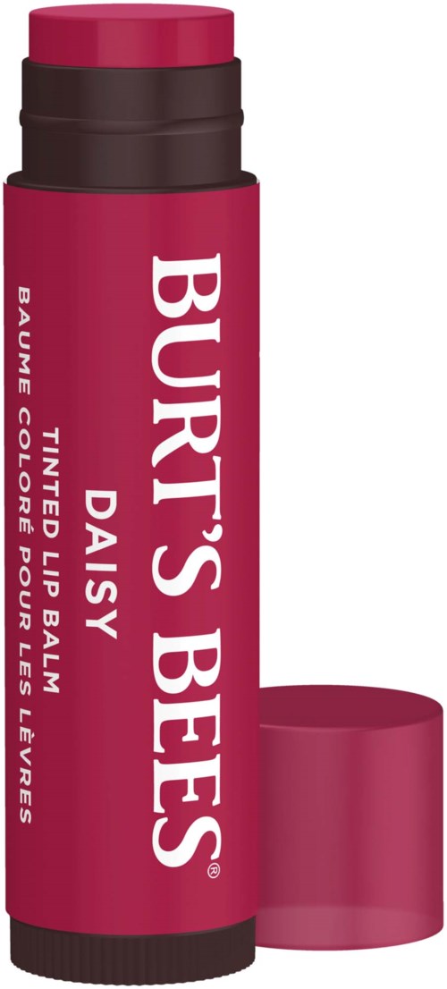 A pink lip balm stick with a black top and pink cap, labeled "Burt's Bees Daisy" for tinted lip color.