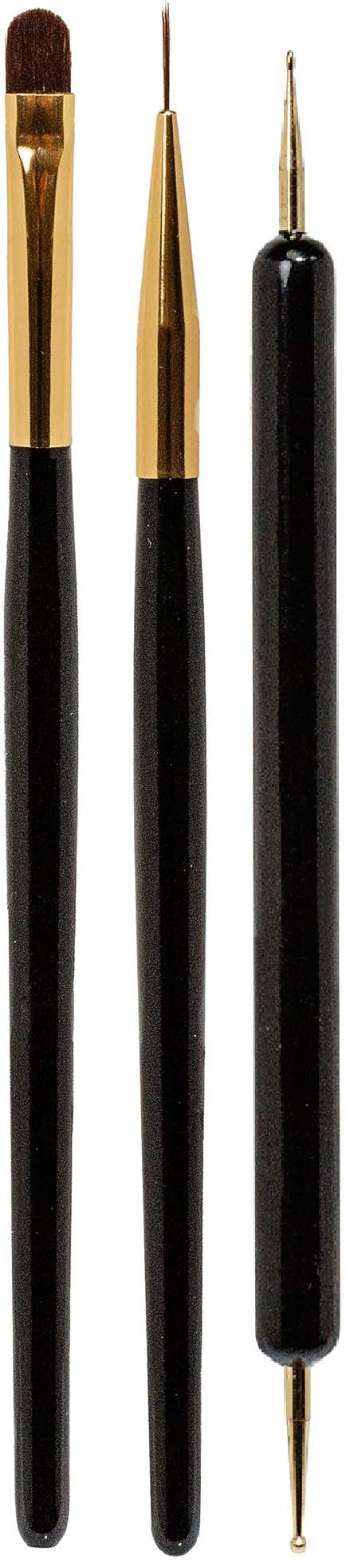Three small paintbrushes with black handles and gold or black tips, arranged vertically.