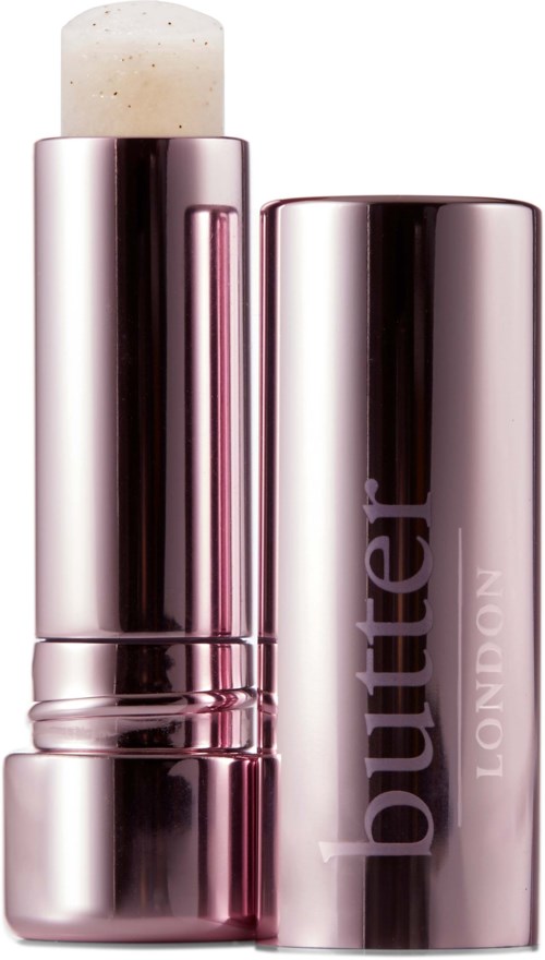 Kiiltävä vaaleanpunainen huul lipstick, jossa on valkoinen huulipuna ja merkki 'butter LONDON'.