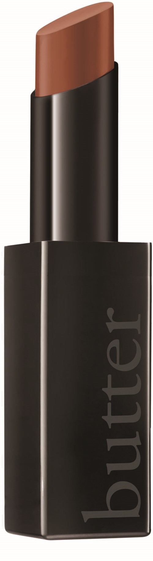 A lipstick with a black case and tan color on the tip.