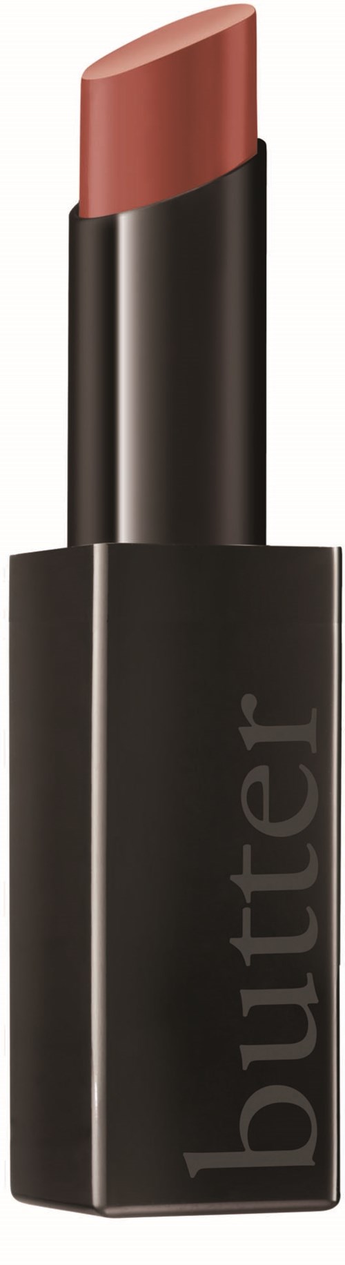 A lipstick in a black tube, partially twisted up, with a soft pinkish-beige color.