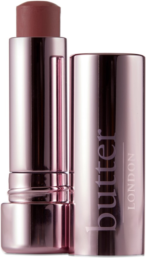 A lipstick with a shiny pinkish silver case, the lipstick is rose-colored and partially extended.