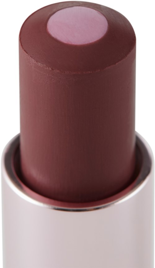 A lipstick with a pinkish-brown shade and a round top, in a silver tube.
