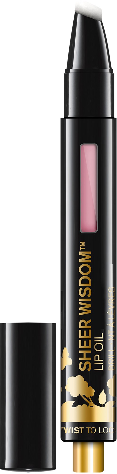 A lip oil in a black and gold tube with a pink tint inside. The tube has a cap and a writing label.