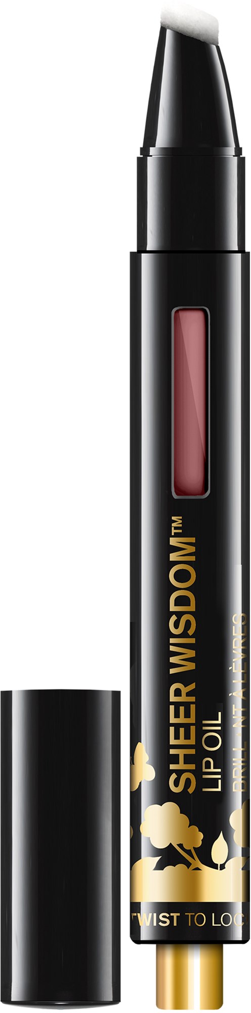 Lip oil tube with a black body, gold accents, and a pinkish pigment visible inside.