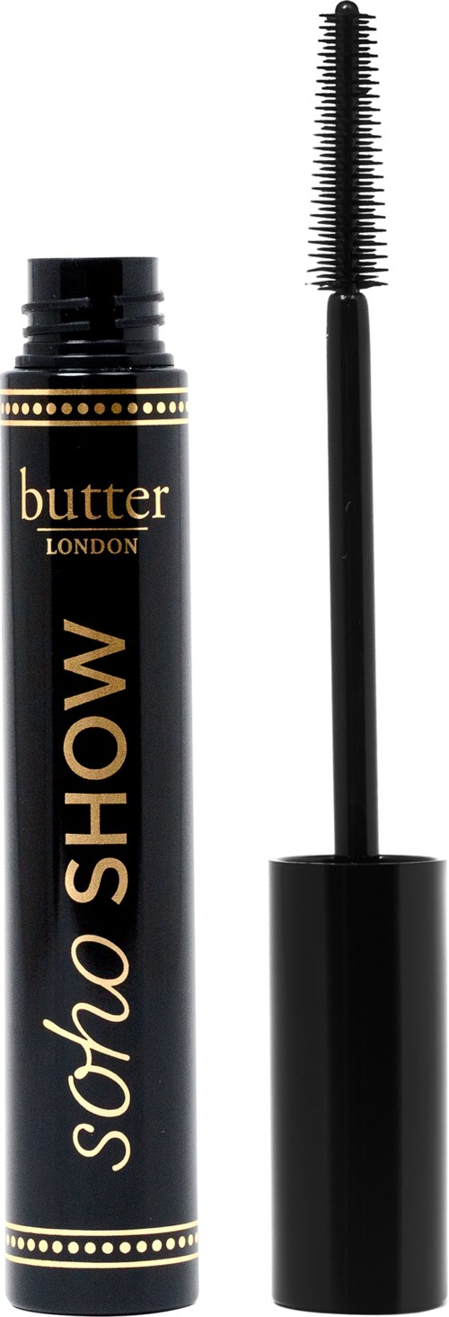 En svart tube med mascara från SoHo Show London med en borste som visar borsten och borststråna.