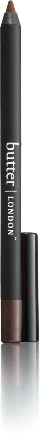 A slim, black lipstick pencil labeled "butter LONDON" standing upright with cap off.