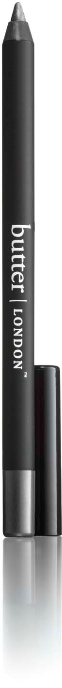 En svart penna med orden "butter LONDON" på, stående vertikalt med lock.