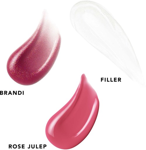 Drie verschillende cosmetische producten of tinten: een glinsterend rood, een witte vuller, en een roze.