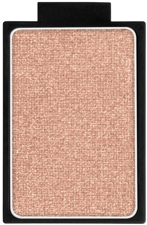 A square makeup pan with a shiny, pinkish-beige eyeshadow inside a black plastic container.