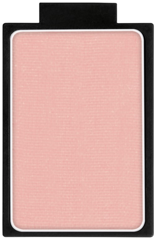 Et rosa presset pudder i en svart rektangulær kompakt. Overflaten er jevn og ensfarget rosa.