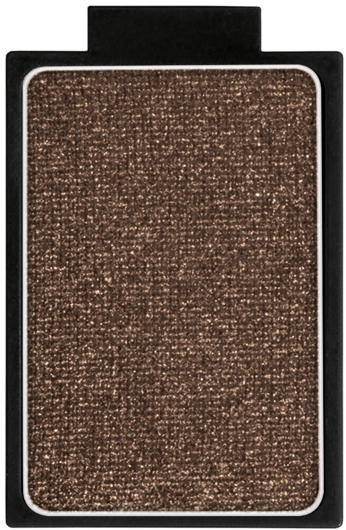 A compact eyeshadow palette with a shimmer brown shade on a black background.