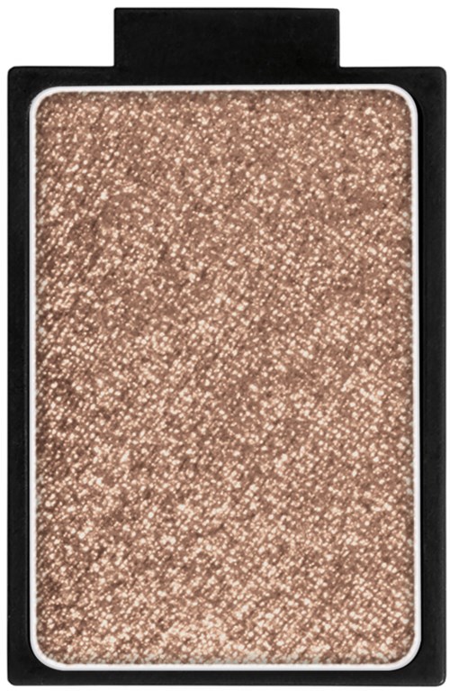 En glamorøs beige øyeskygge i en svart kompaktdose med gjennomsiktig deksel.