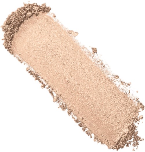 En beige pudderprøve, muligens sminke eller foundation, vist med en avrundet kant oppe til venstre.