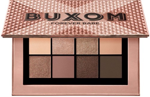 En øyeskyggepalette med åtte nyanser i en rosa eske, merket BUXOM og Forever Babe.