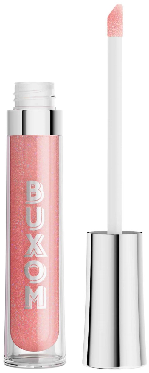 Rosa läppglans med en applikator och "BUXOM" skriver på tuben.