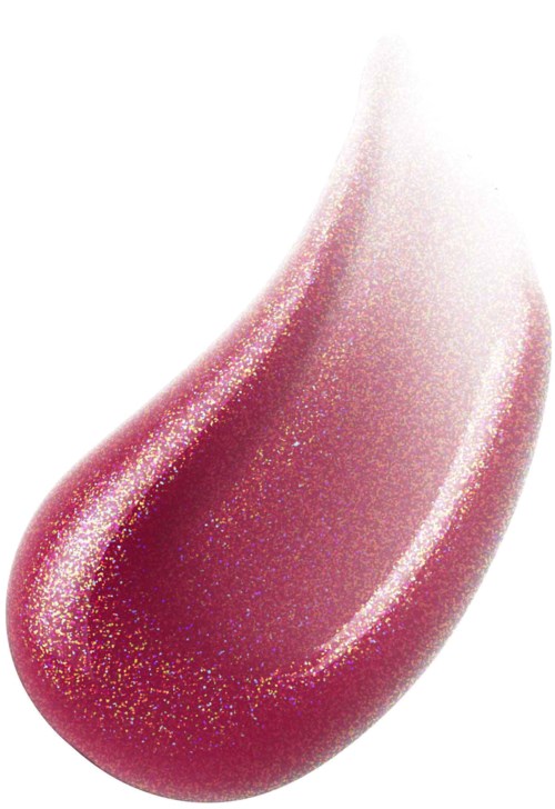 A shiny, pinkish-red teardrop-shaped makeup product with glittery surface.