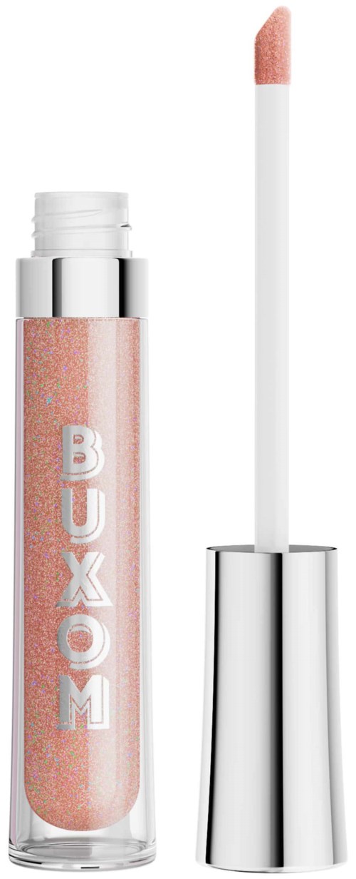 A lip gloss tube labeled 'BUXOM' with a shiny silver cap and an applicator stick.