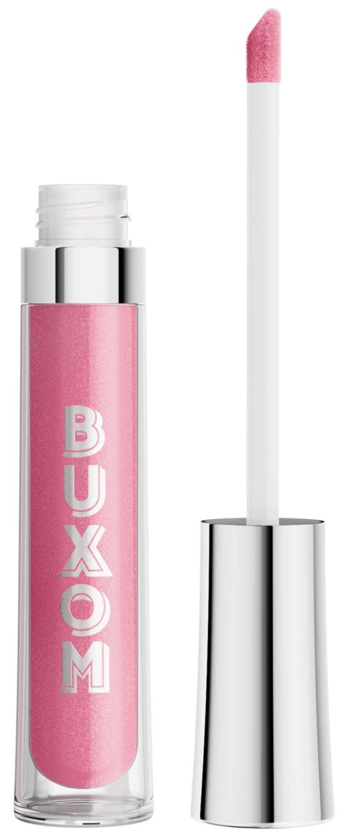A pink lip gloss tube with a white and pink applicator wand. The tube has the word 'BUXOM' written on it.