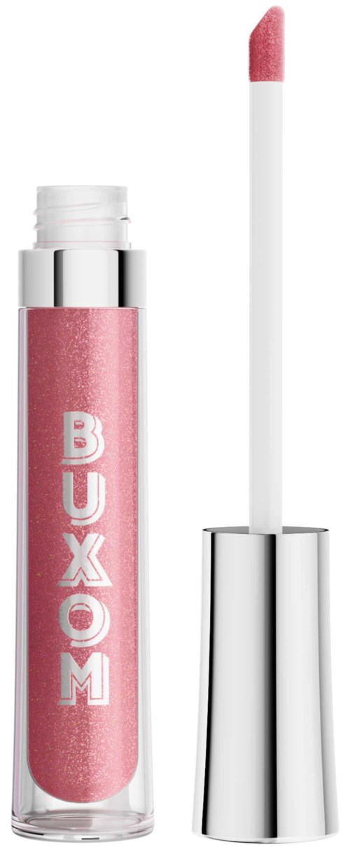 Läppglans i rosa med vit och silverfärgad topp, märket "BUXOM" skrivet på.