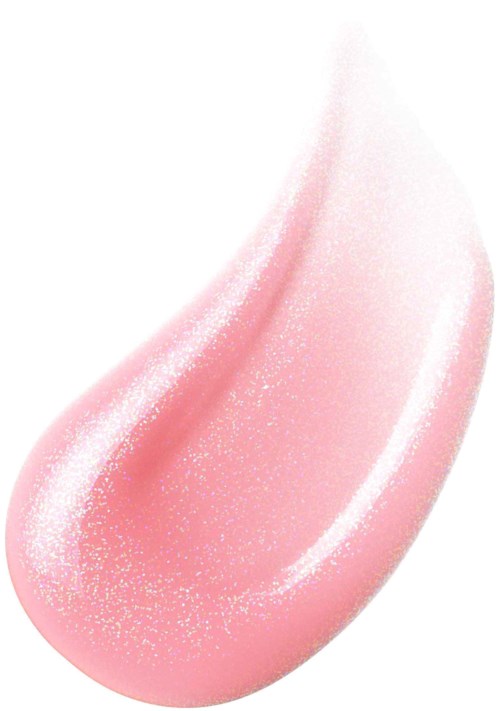 En mjuk rosa makeup-drag med glitter och glans. Det ser slätt och krämigt ut, kanske läppglans eller rouge.