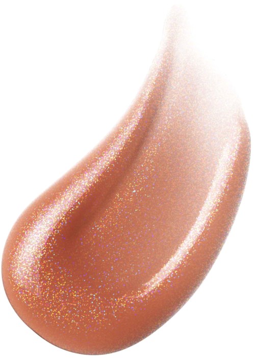 En peachfärgad, skimrande flytande droppe med slät, blank yta och glitter på en vit bakgrund.