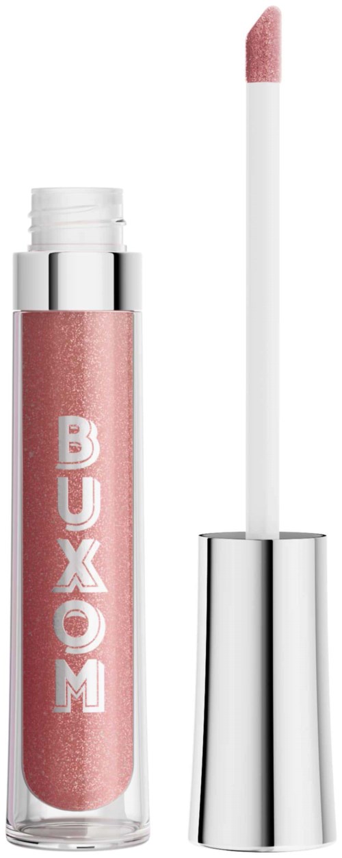 Läppglansrör med rosa gloss och silverlock, med varumärket BUXOM skrivet vertikalt.