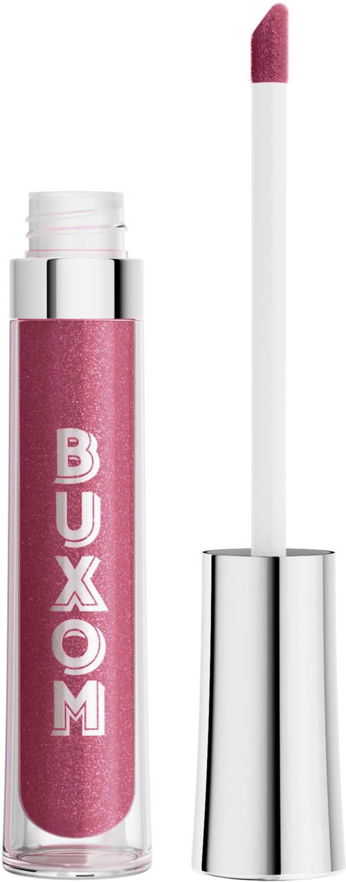 Et rosa leppestift med hvit og rosa applikator, merket BUXOM, klar til bruk.